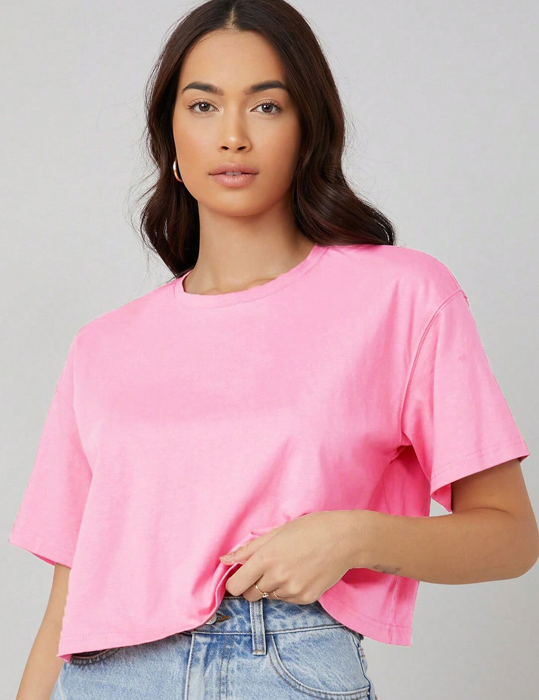 KOTTY Basics Pink Round Neck Drop-Shoulder Sleeves Crop Oversized T-shirt