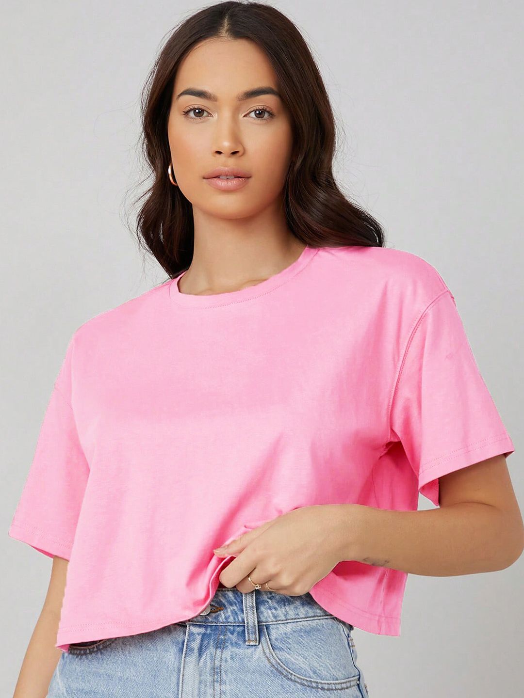 KOTTY Basics Pink Round Neck Drop-Shoulder Sleeves Crop Oversized T-shirt