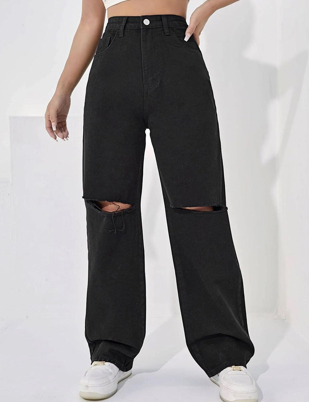 Kotty Women Straight Fit High-Rise Slash Knee Stretchable Jeans