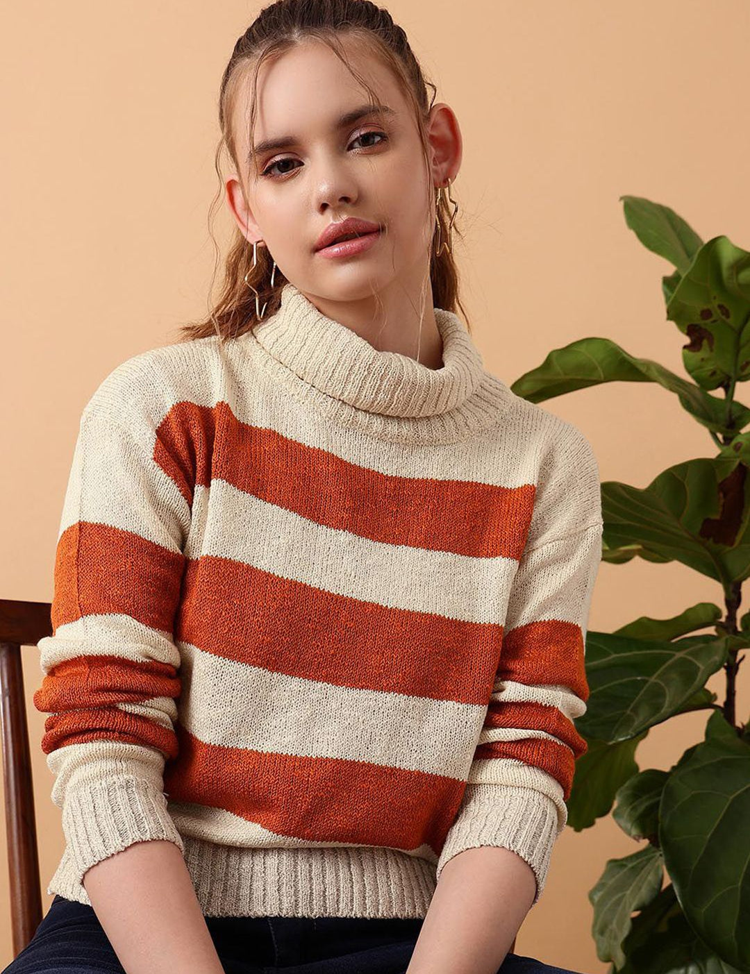 Kotty Women Cotton Striped Turtle Neck Long Sleeves Pullover Sweaters