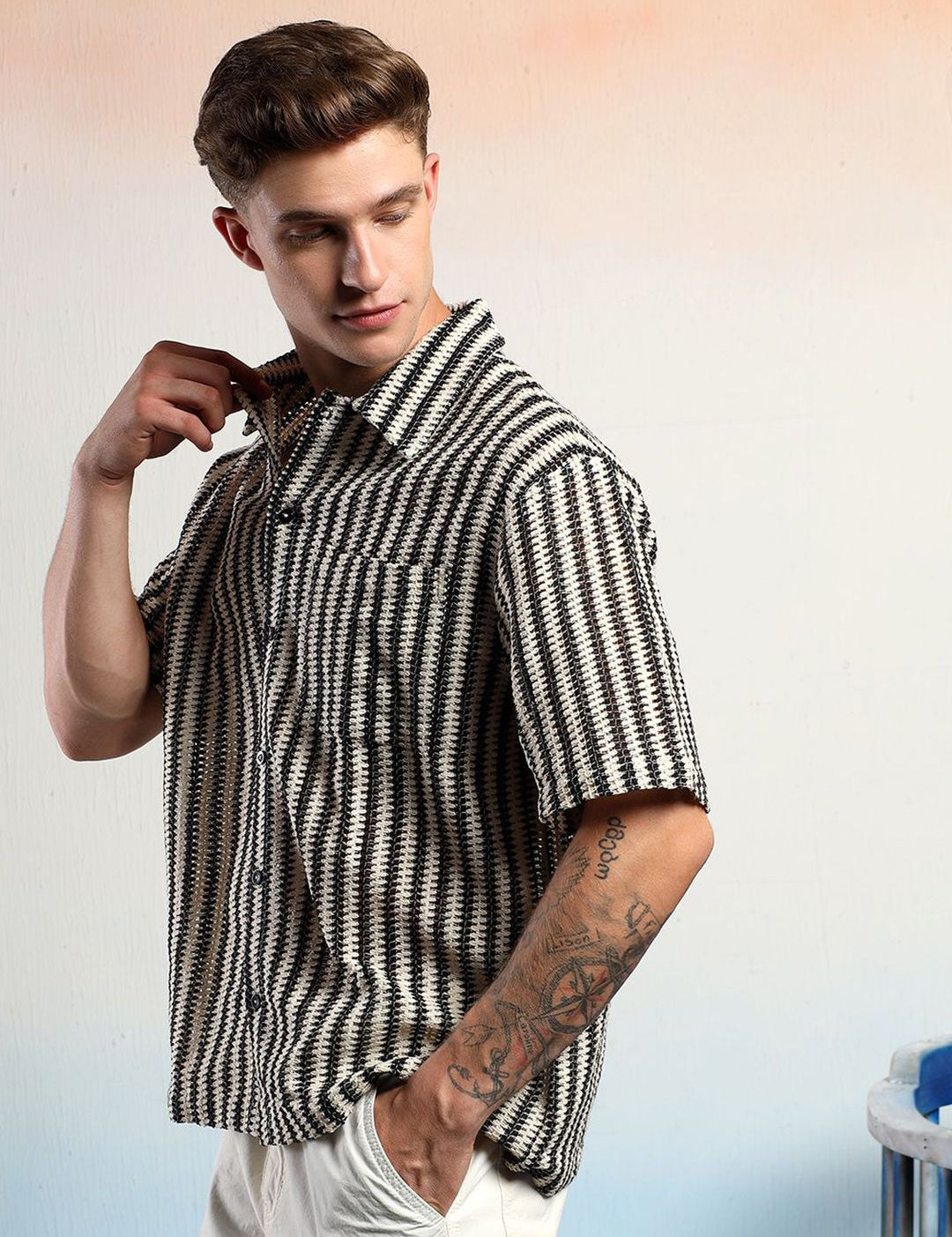 Kotty Men Sheer Striped Casual Shirt