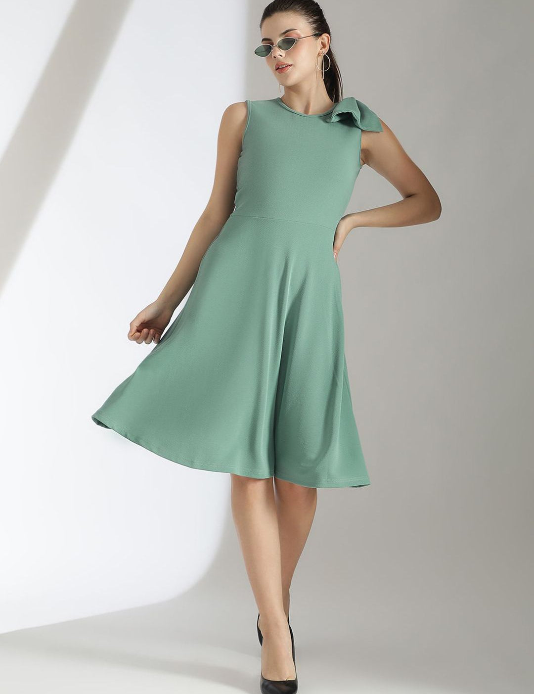 Kotty Solid Round Neck Fit & Flare Dress