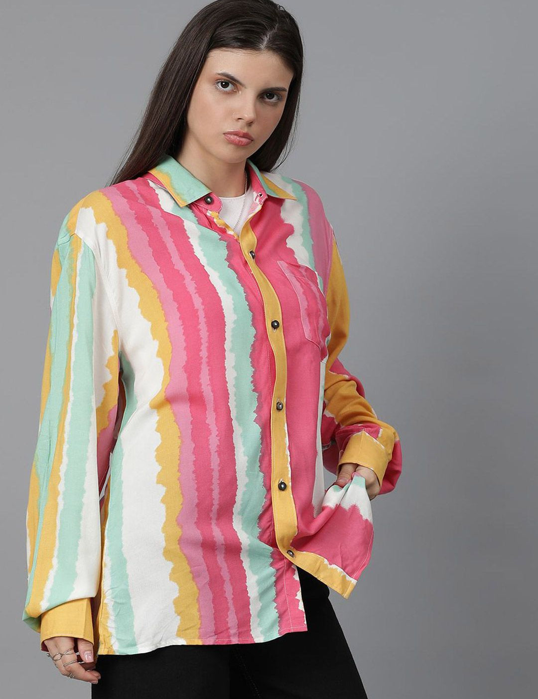 Kotty Women Spread Collar Dyed Cotton Oversized Casual Shirt