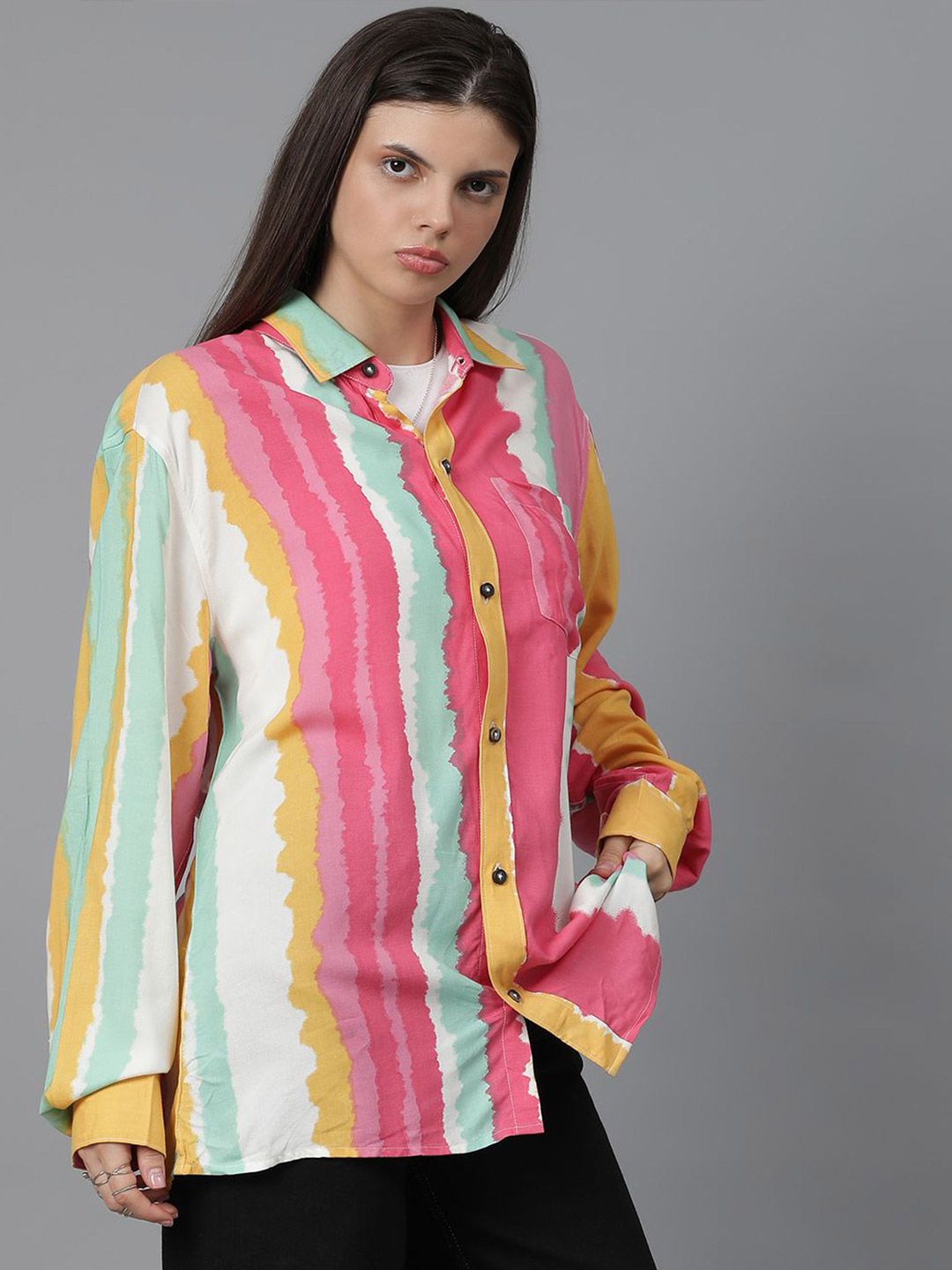 Kotty Women Spread Collar Dyed Cotton Oversized Casual Shirt
