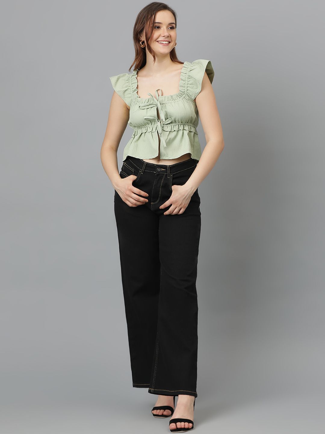 Kotty Flutter Sleeve Crepe Crop Top