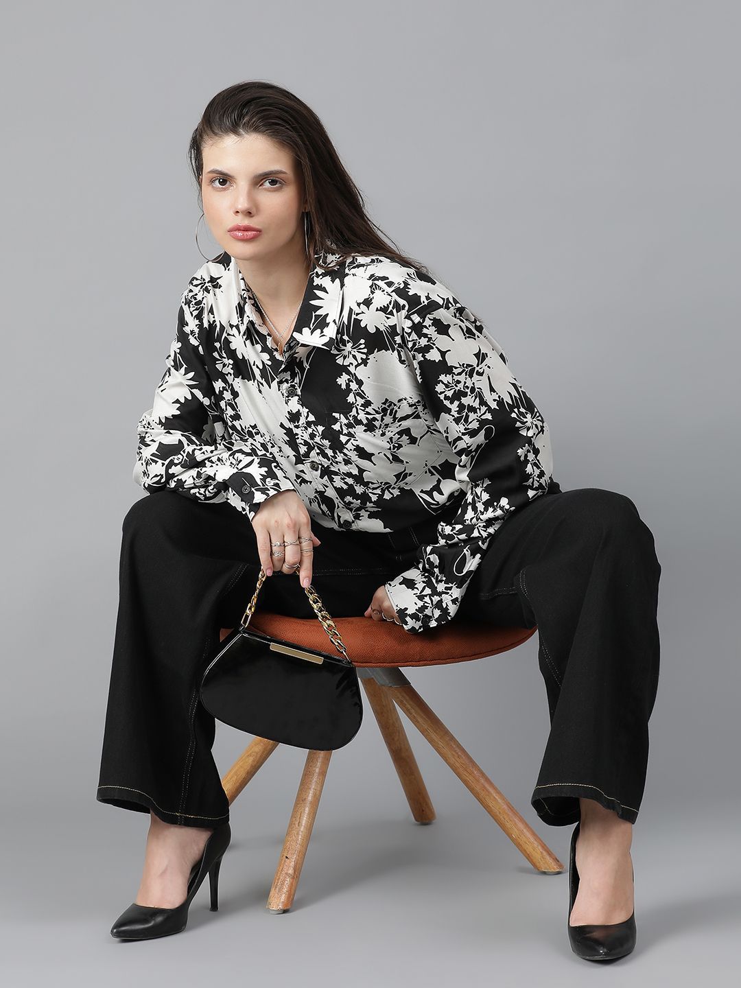 Kotty Women Spread Collar Floral Printed Cotton Oversized Casual Shirt