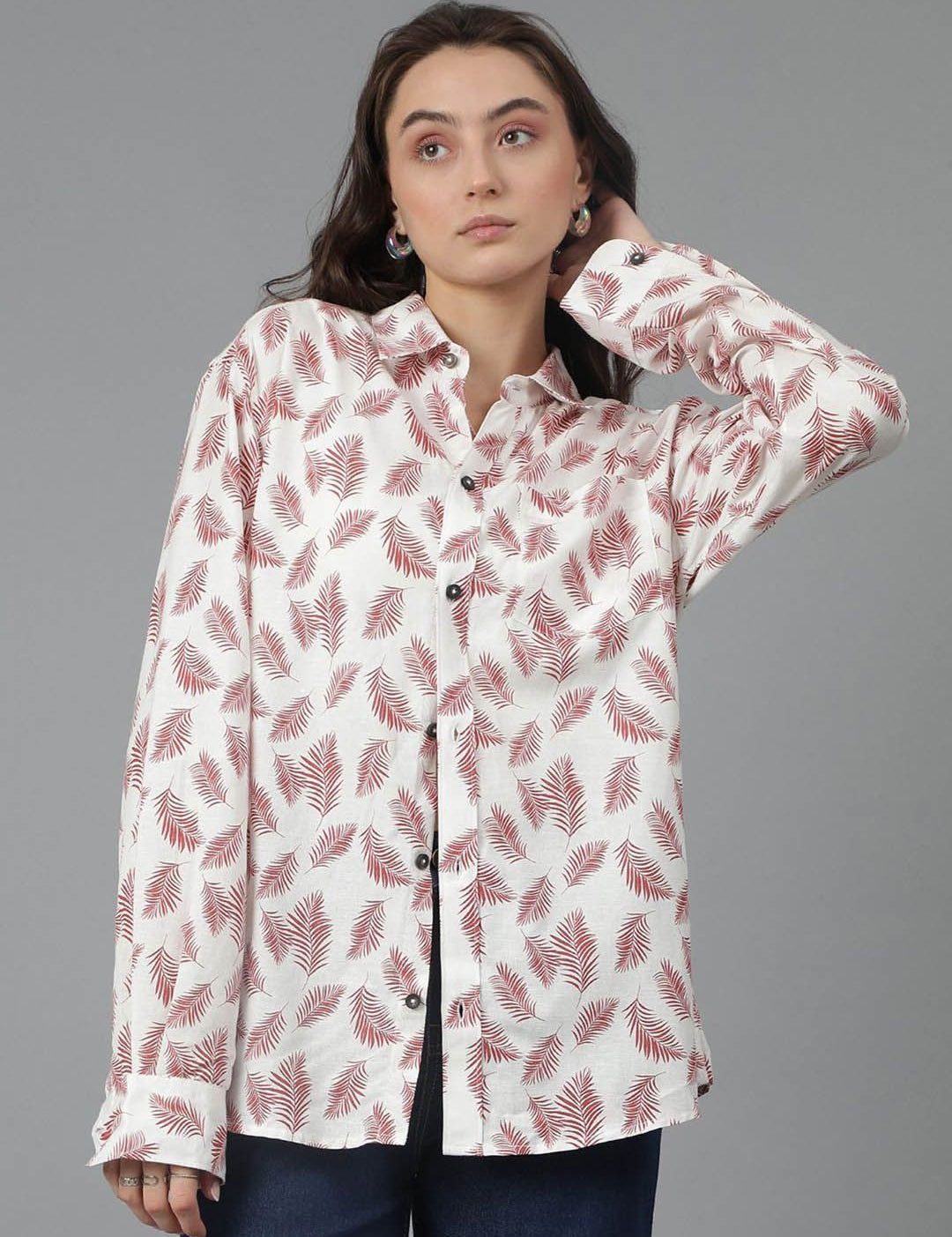 Kotty Women Spread Collar Floral Printed Cotton Oversized Casual Shirt