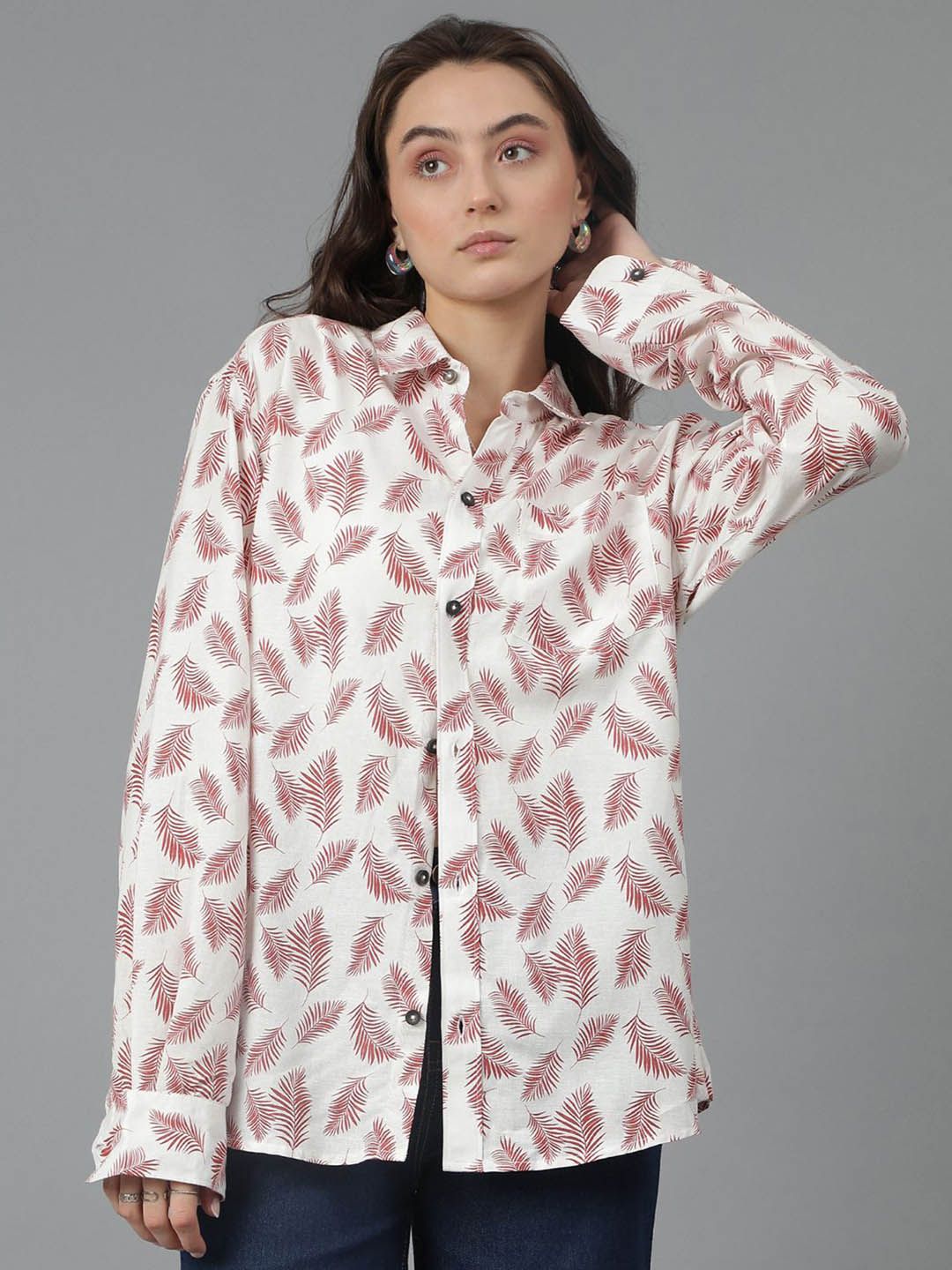 Kotty Women Spread Collar Floral Printed Cotton Oversized Casual Shirt