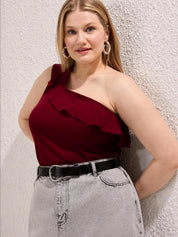 Kotty Women's Rich Maroon One Shoulder Ruffle Top | Elegant Party Wear