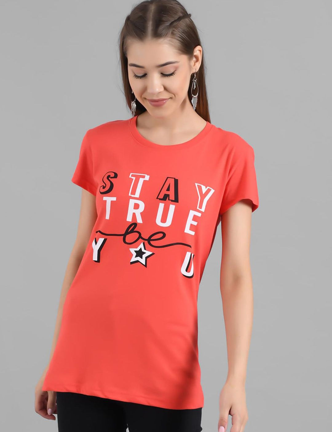 Kotty Women Orange Printed Round Neck Longline T-shirt