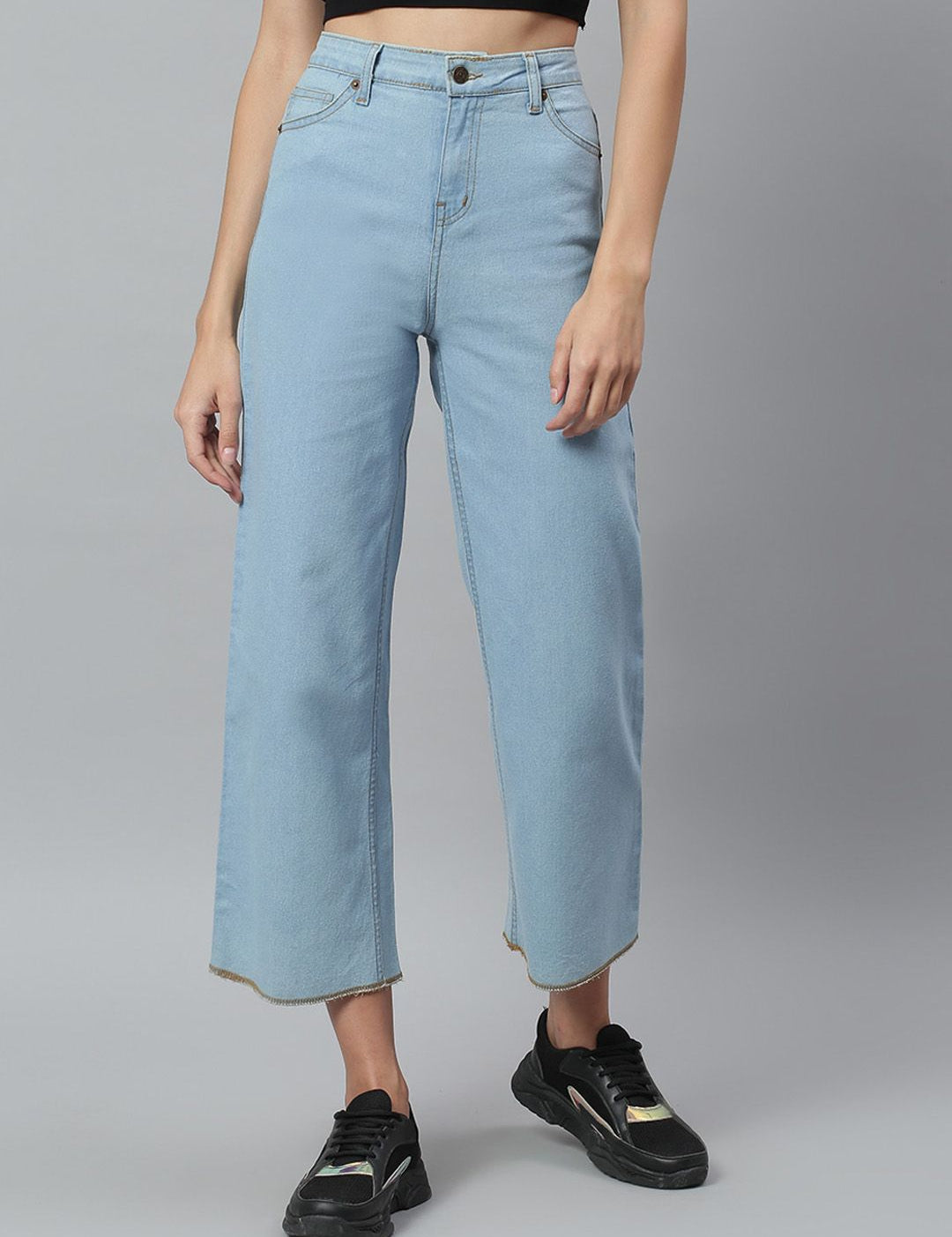 Kotty Women Blue Solid Cotton High Rise Crop Flared Jeans