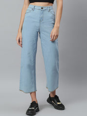 Kotty Women Blue Solid Cotton High Rise Crop Flared Jeans