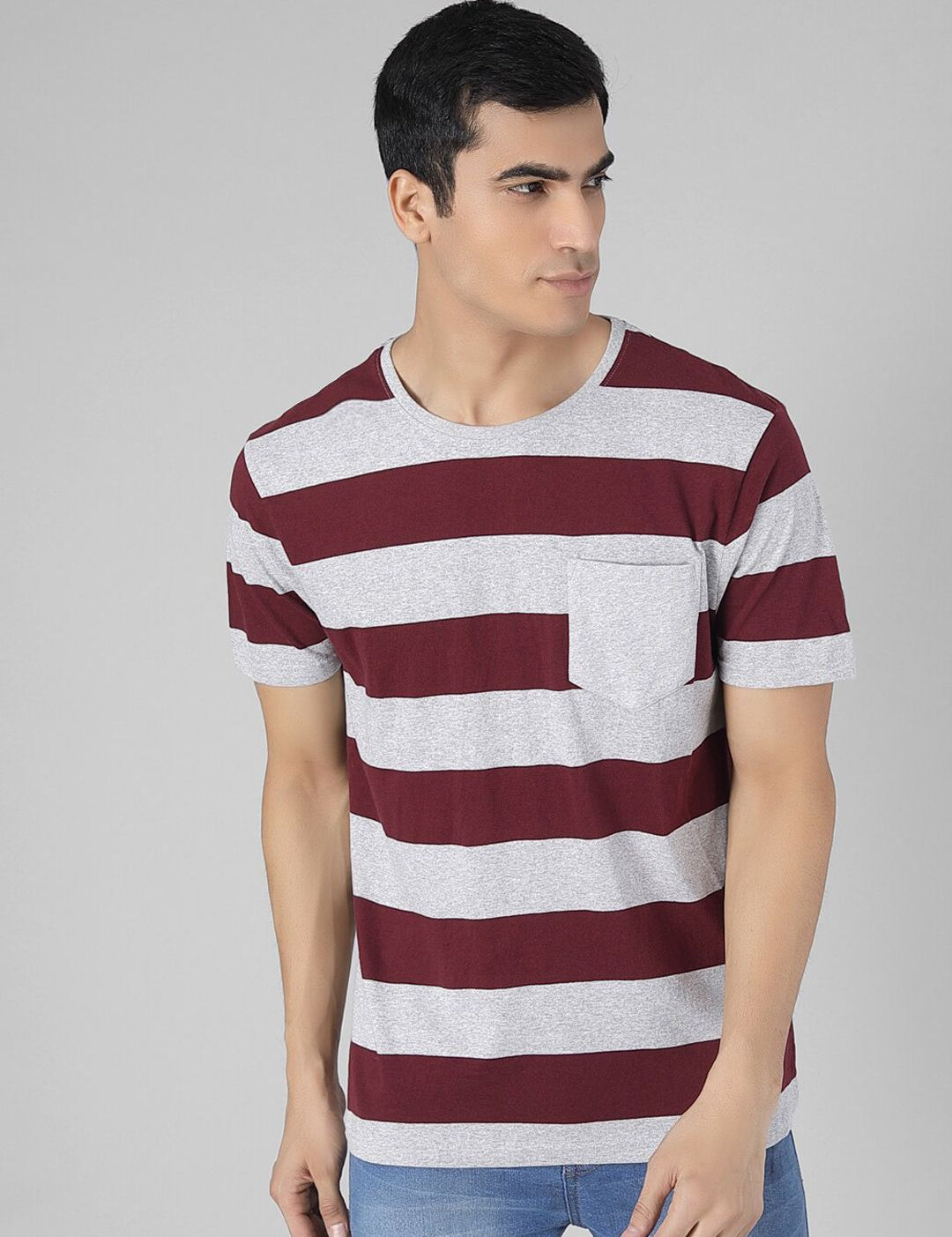 Kotty Men Coffee Brown & Grey Striped Round Neck T-shirt