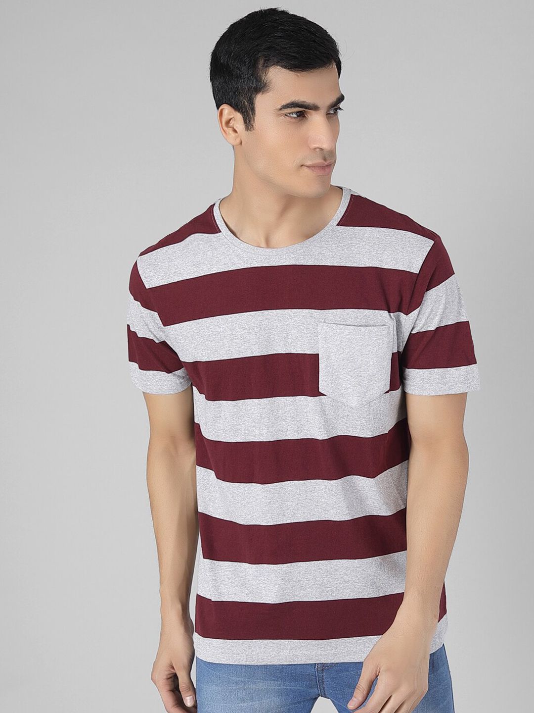 Kotty Men Coffee Brown & Grey Striped Round Neck T-shirt