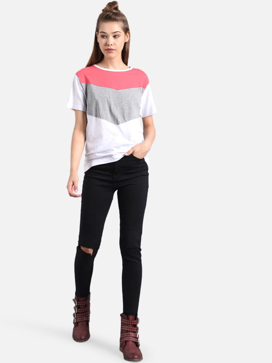 Kotty Women Pink & Grey Solid Round Neck T-shirt