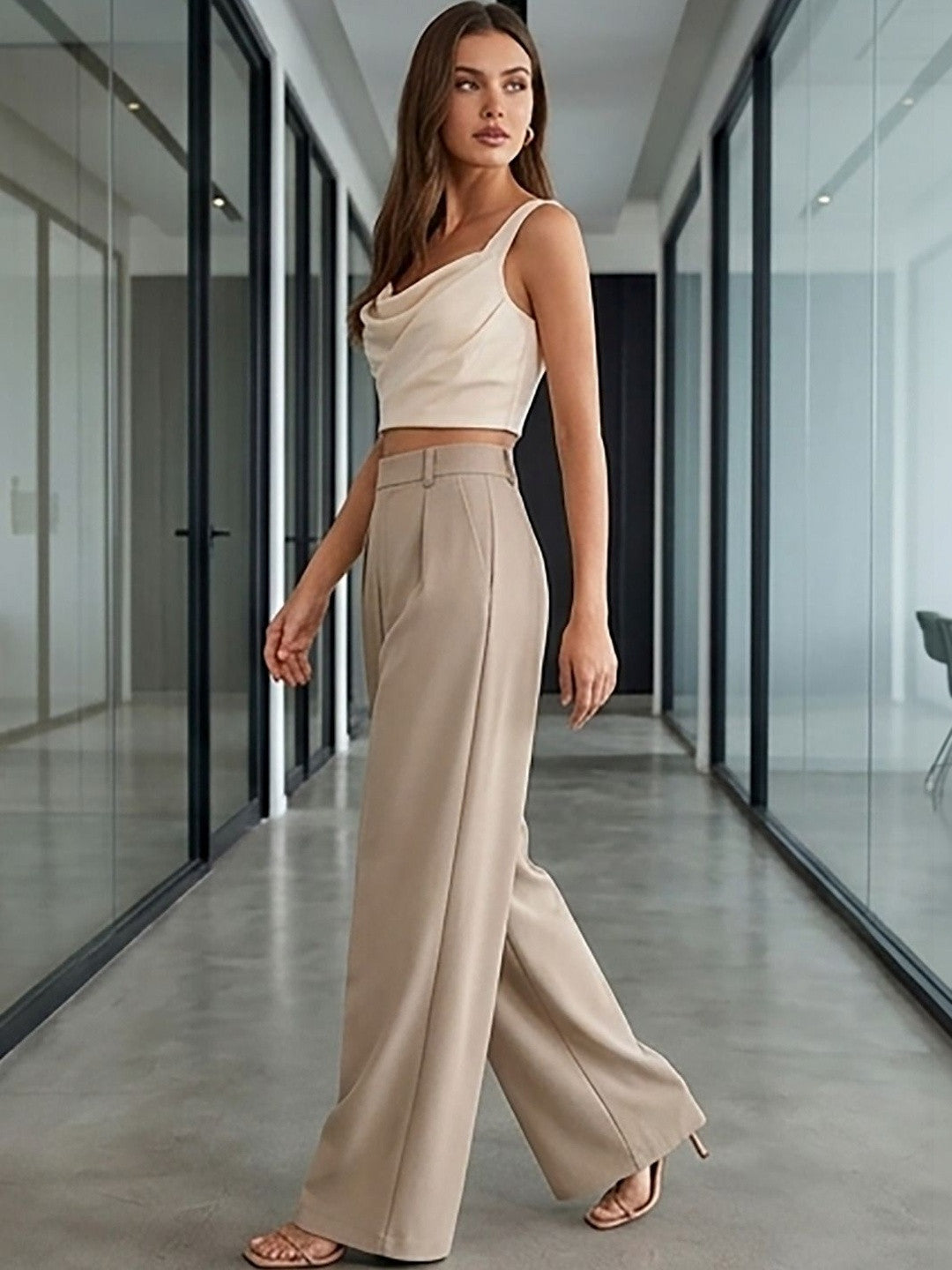 Beige Regular Fit High-Rise Trousers for Women | Kotty