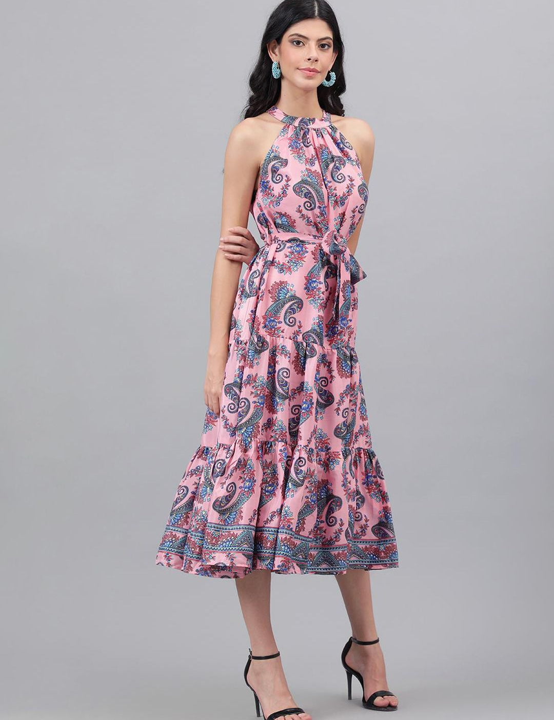 Kotty Pink And Blue Paisley Printed Choker Neck Tiered Fit & Flare Midi Dress
