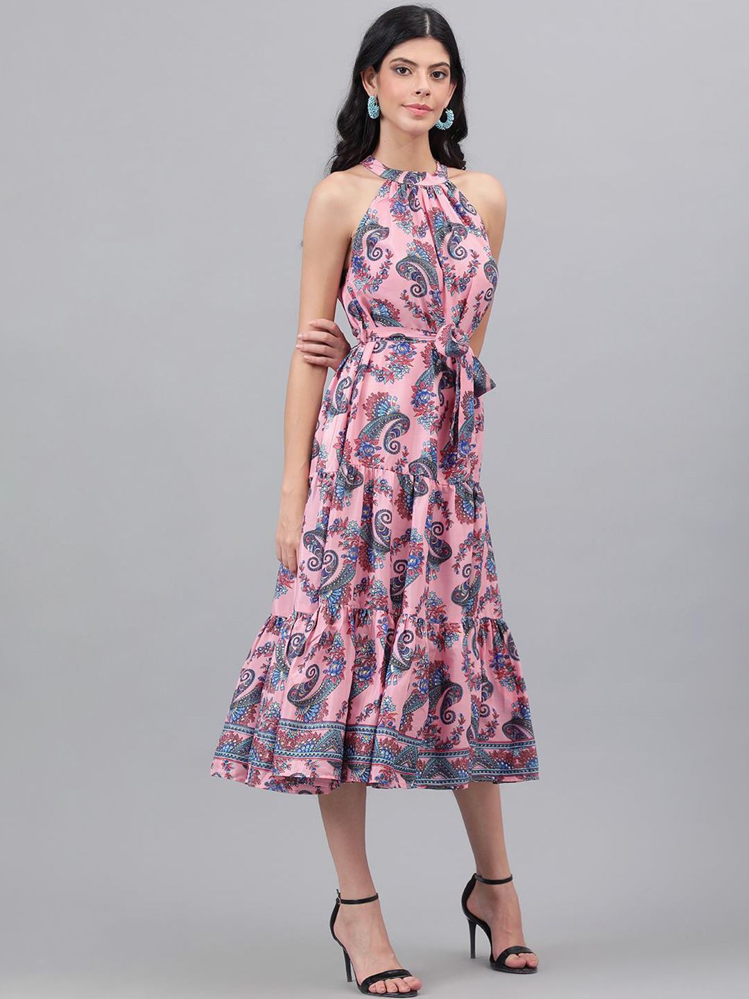 Kotty Pink And Blue Paisley Printed Choker Neck Tiered Fit & Flare Midi Dress
