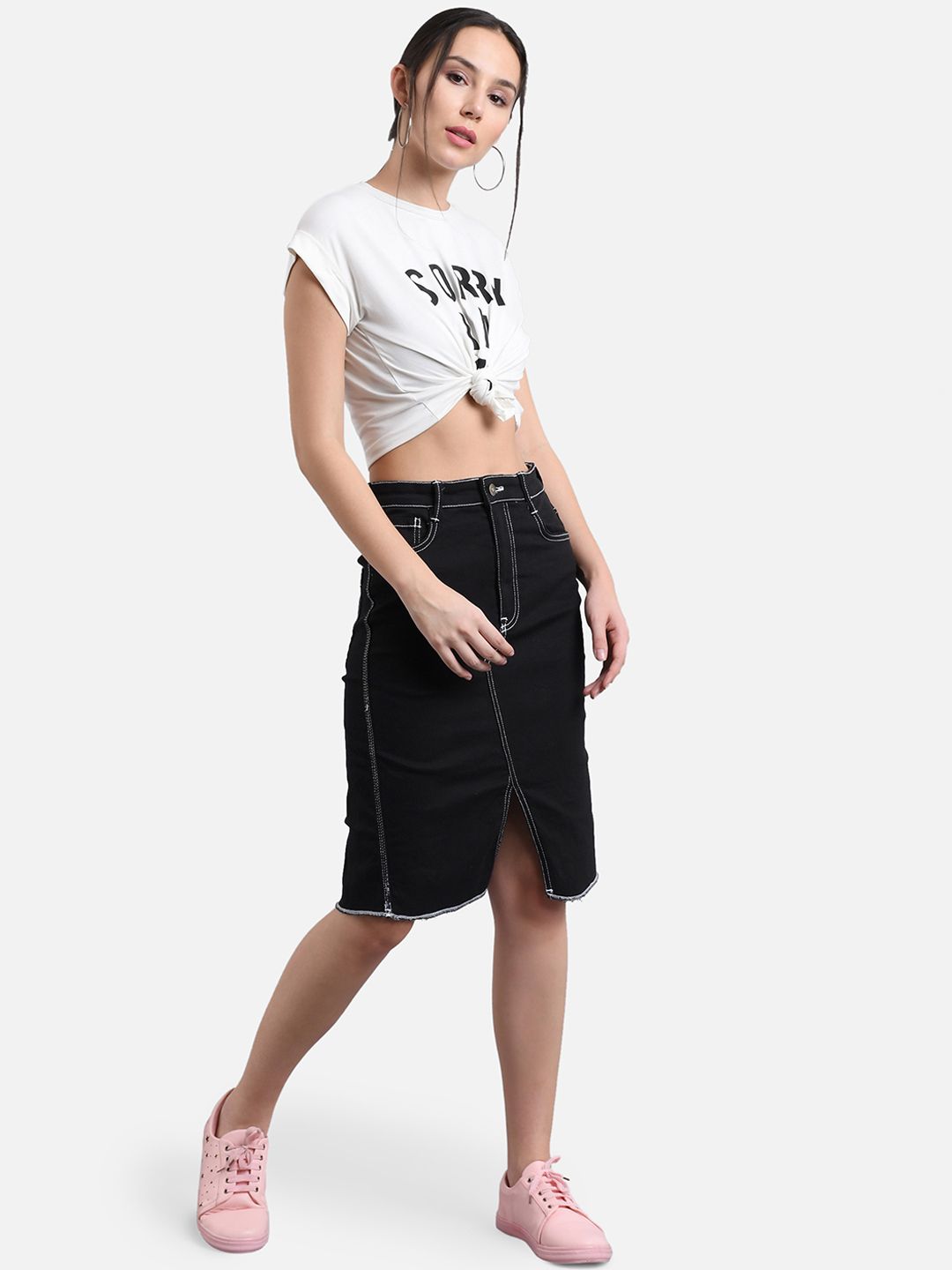 Kotty Women Black Solid Denim Straight Skirt
