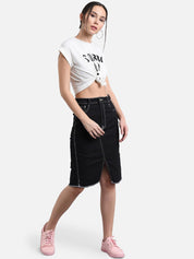 Kotty Women Black Solid Denim Straight Skirt
