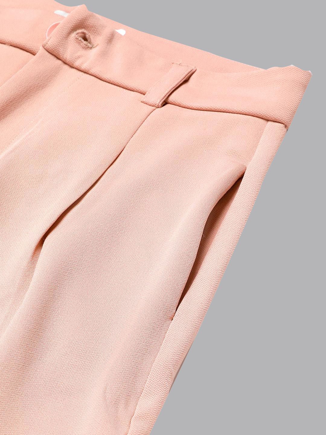 Kotty Women Pink Relaxed Straight Leg Straight Fit High-Rise Easy Wash Pleated Trousers