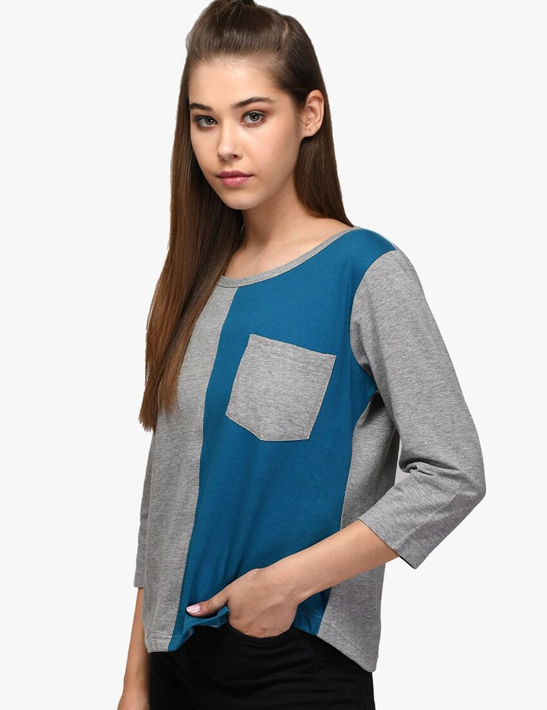 Kotty Women Blue & Grey Colourblocked Round Neck T-shirt