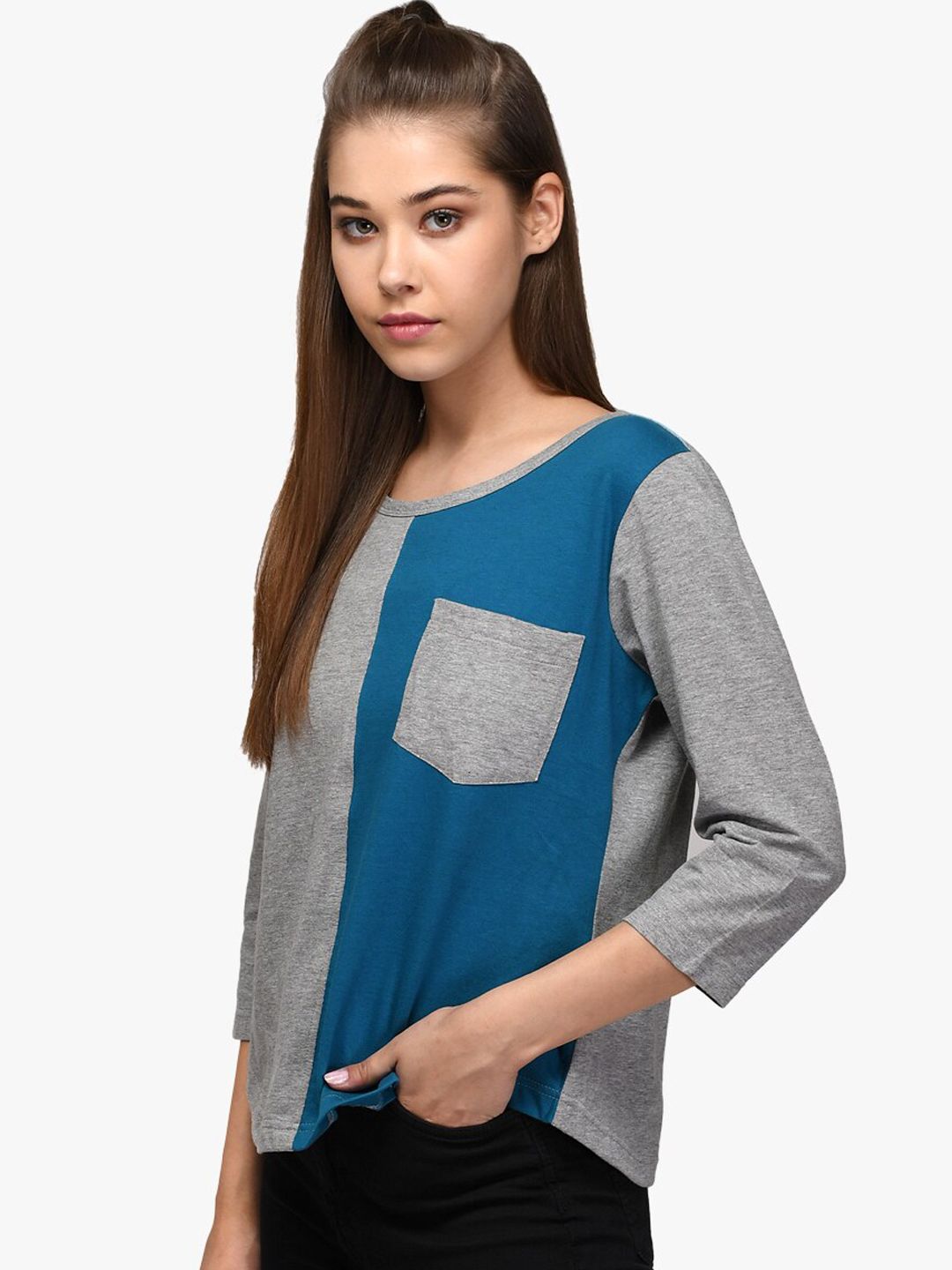 Kotty Women Blue & Grey Colourblocked Round Neck T-shirt