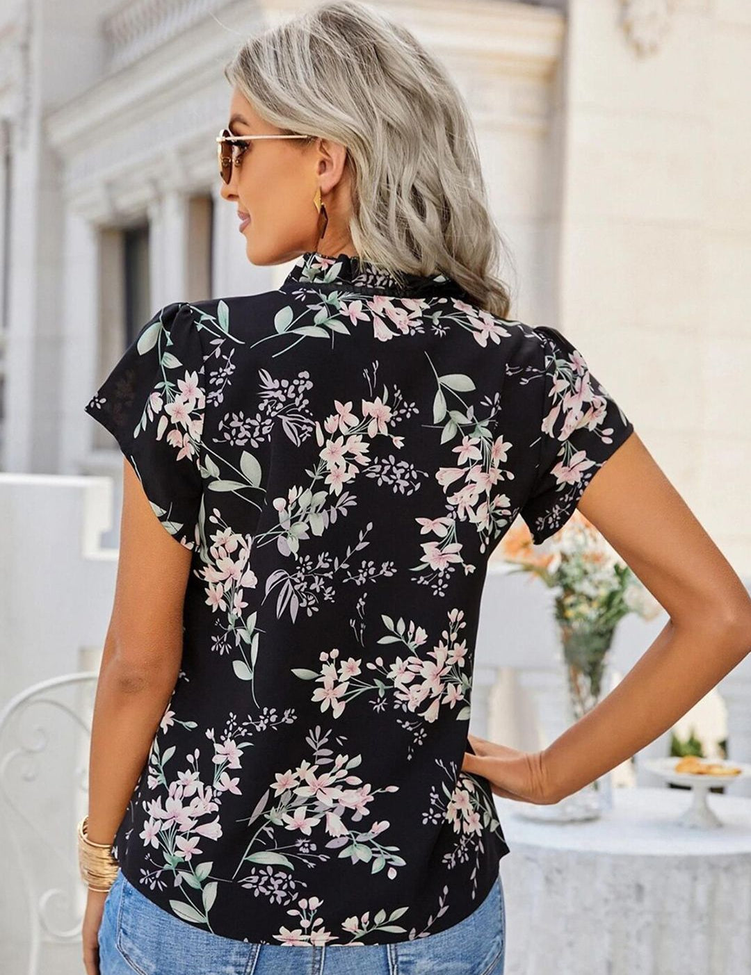 Kotty Women Navy Blue Floral Print Tie-Up Neck Crepe Top