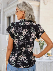 Kotty Women Navy Blue Floral Print Tie-Up Neck Crepe Top