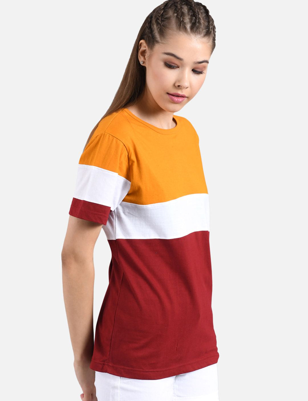 Kotty Women Orange & Maroon Colourblocked Round Neck T-shirt