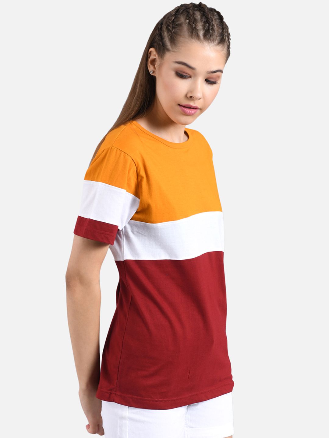 Kotty Women Orange & Maroon Colourblocked Round Neck T-shirt