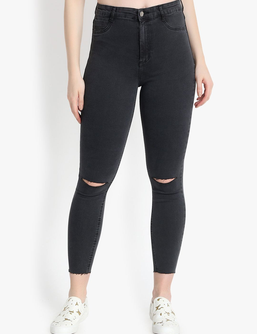 Kotty Women Black Skinny Fit High-Rise Slash Knee Cropped Jeans