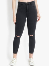 Kotty Women Black Skinny Fit High-Rise Slash Knee Cropped Jeans
