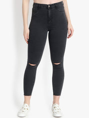 Kotty Women Black Skinny Fit High-Rise Slash Knee Cropped Jeans