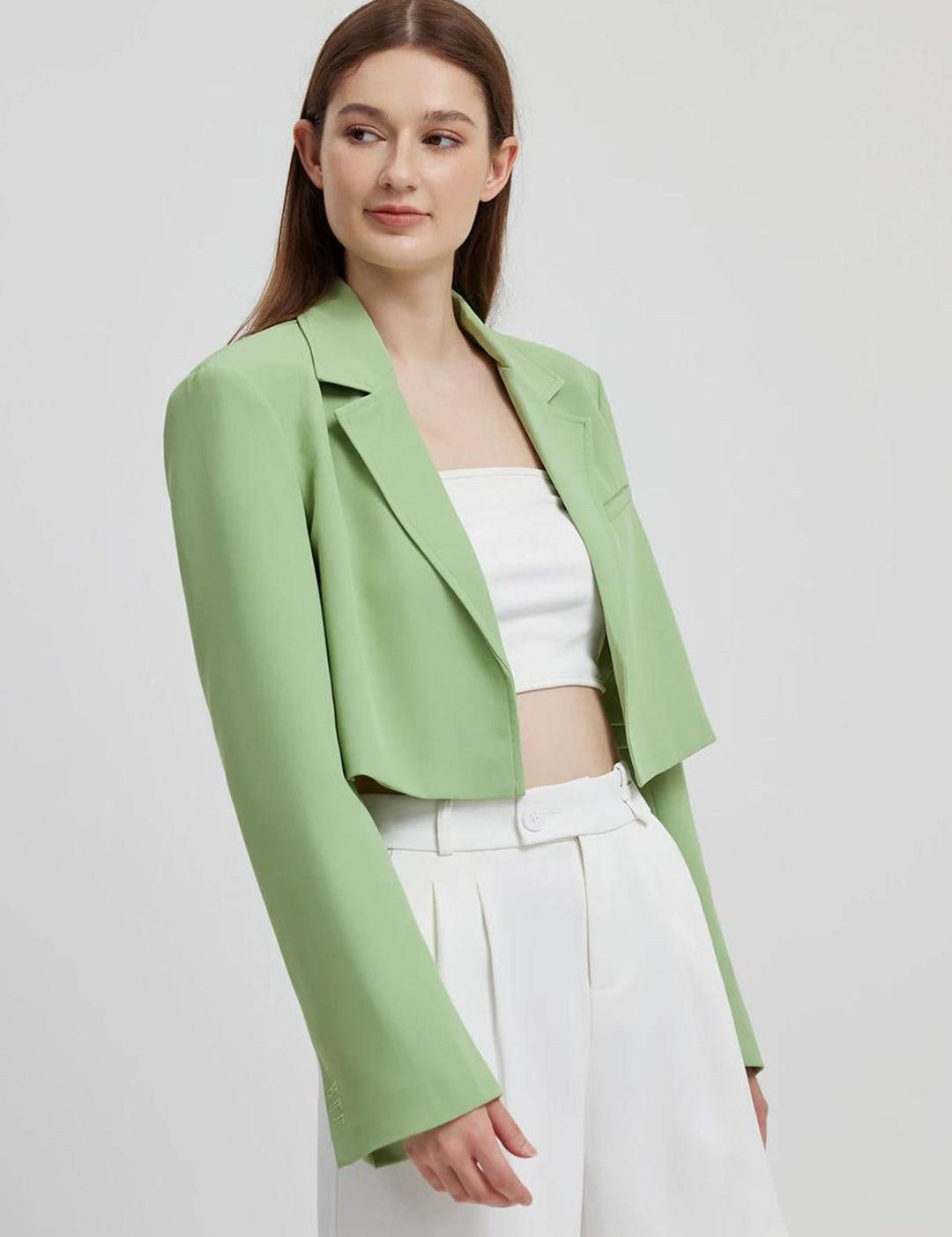 Kotty Green Crop Notched Lapel Collar Regular Fit Blazer