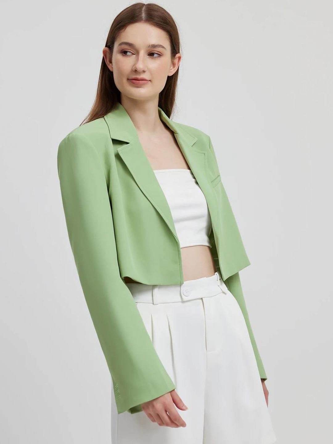 Kotty Green Crop Notched Lapel Collar Regular Fit Blazer