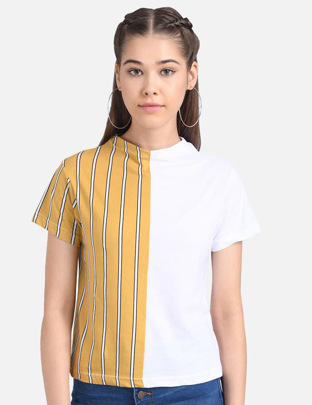 Kotty Striped Colourblocked Round Neck Top