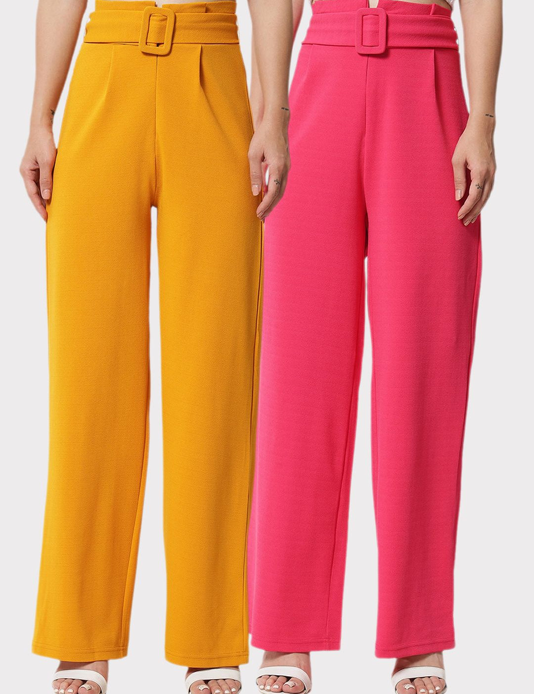Kotty Women Pack Of 2 Relaxed High-Rise Straight Fit Easy Wash Pleated Trousers