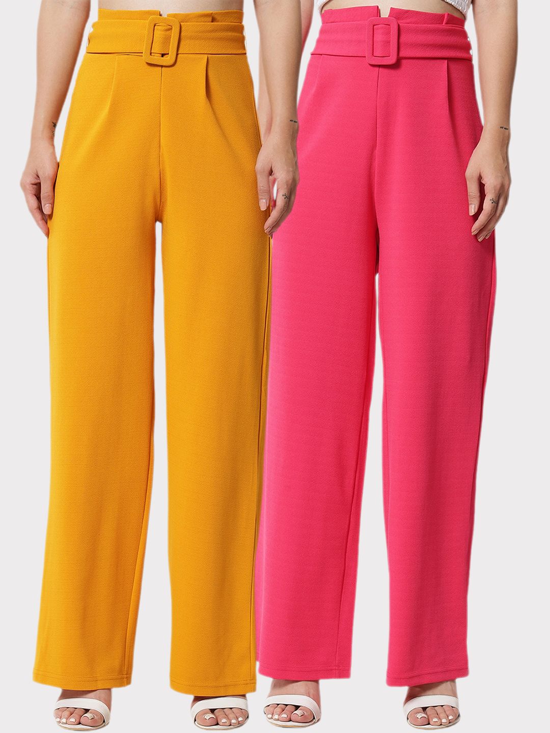Kotty Women Pack Of 2 Relaxed High-Rise Straight Fit Easy Wash Pleated Trousers