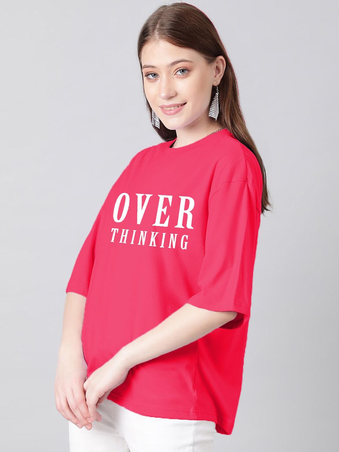 Kotty Typography Printed Round Neck Drop-Shoulder Sleeves Oversized Fit Cotton T-Shirt