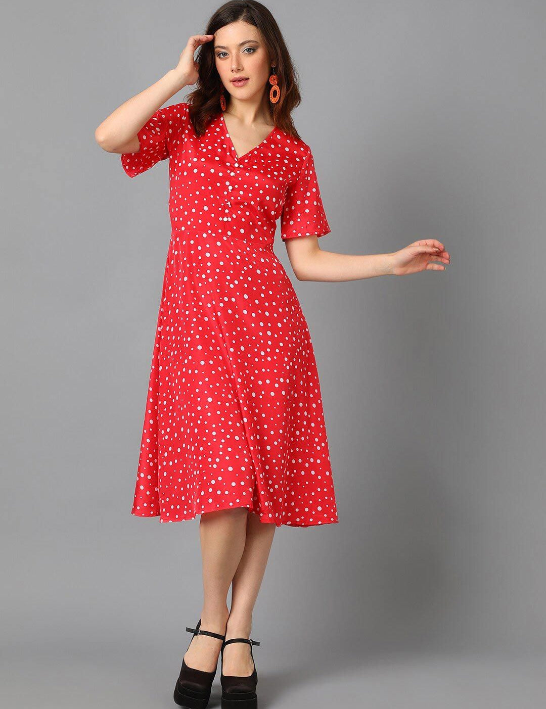 Kotty Red & White Abstract Printed A-Line Midi Dress