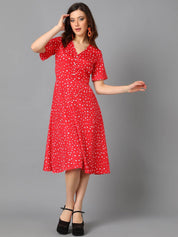 Kotty Red & White Abstract Printed A-Line Midi Dress