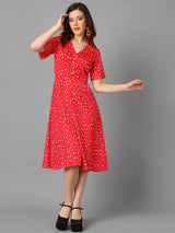 Kotty Red & White Abstract Printed A-Line Midi Dress