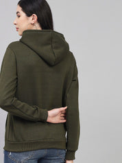 Kotty Women Olive Green Printed Hooded Sweatshirt