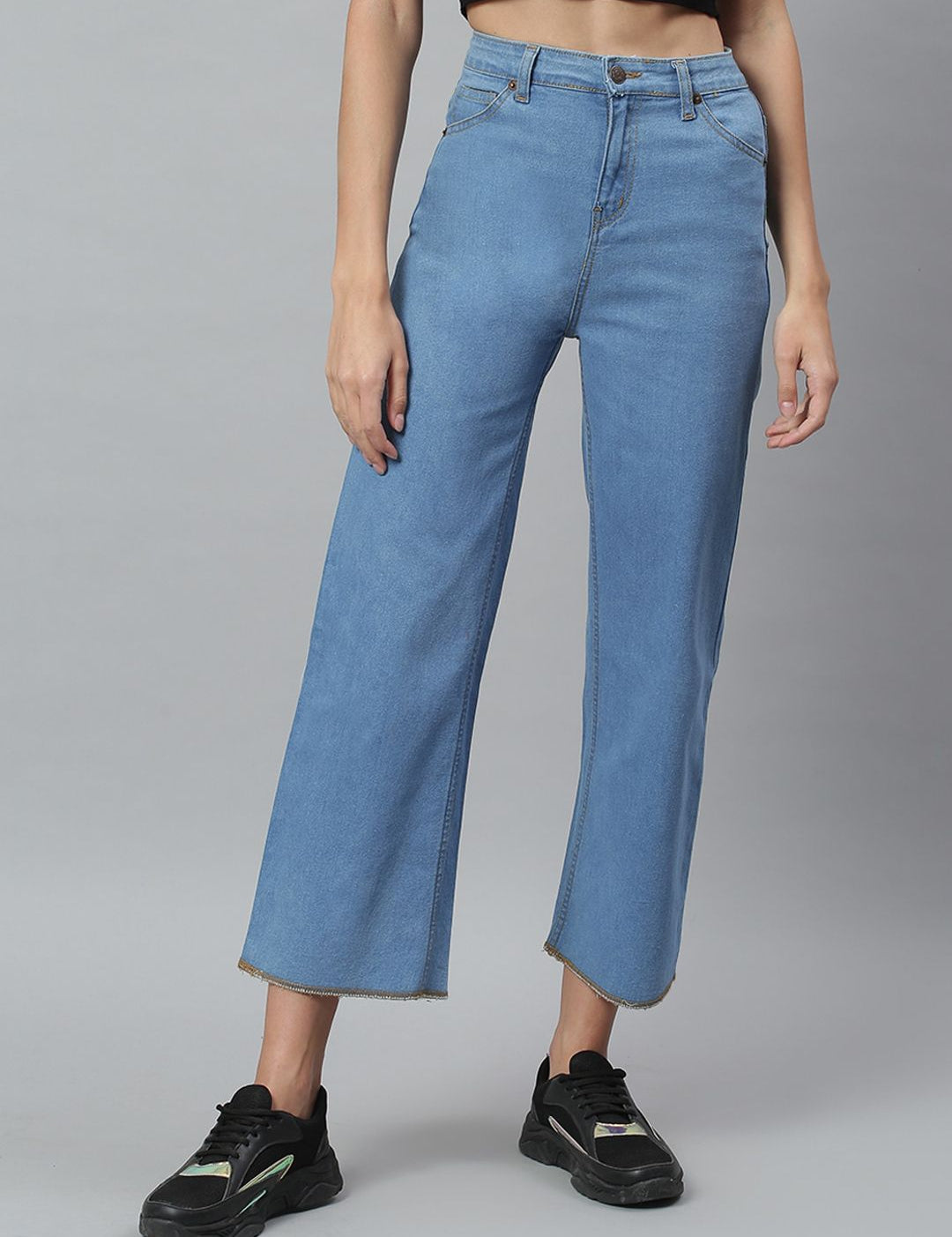 Kotty Women Blue Solid Cotton High Rise Crop Flared Jeans