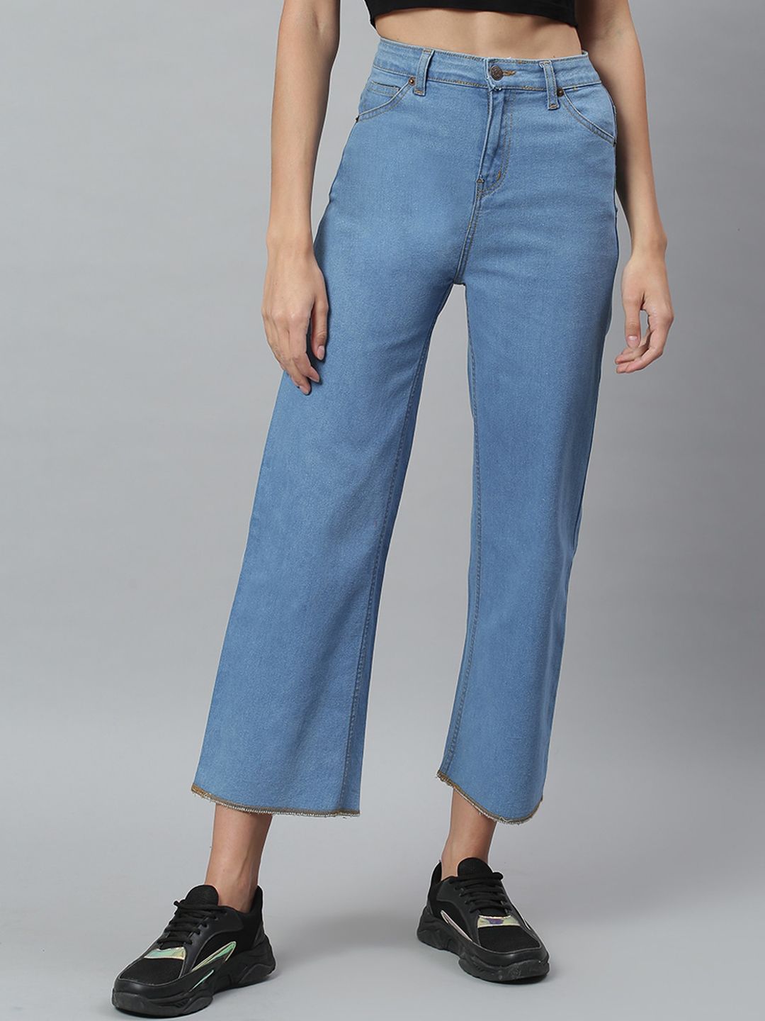 Kotty Women Blue Solid Cotton High Rise Crop Flared Jeans