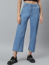 Kotty Women Blue Solid Cotton High Rise Crop Flared Jeans