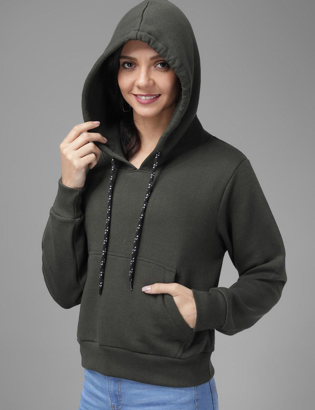 Kotty Women Olive Green Solid Hooded Sweatshirt