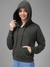Kotty Women Olive Green Solid Hooded Sweatshirt