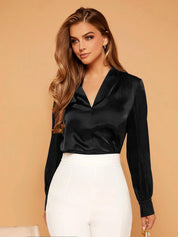 Kotty Black V-Neck Cuffed Sleeve Satin Top
